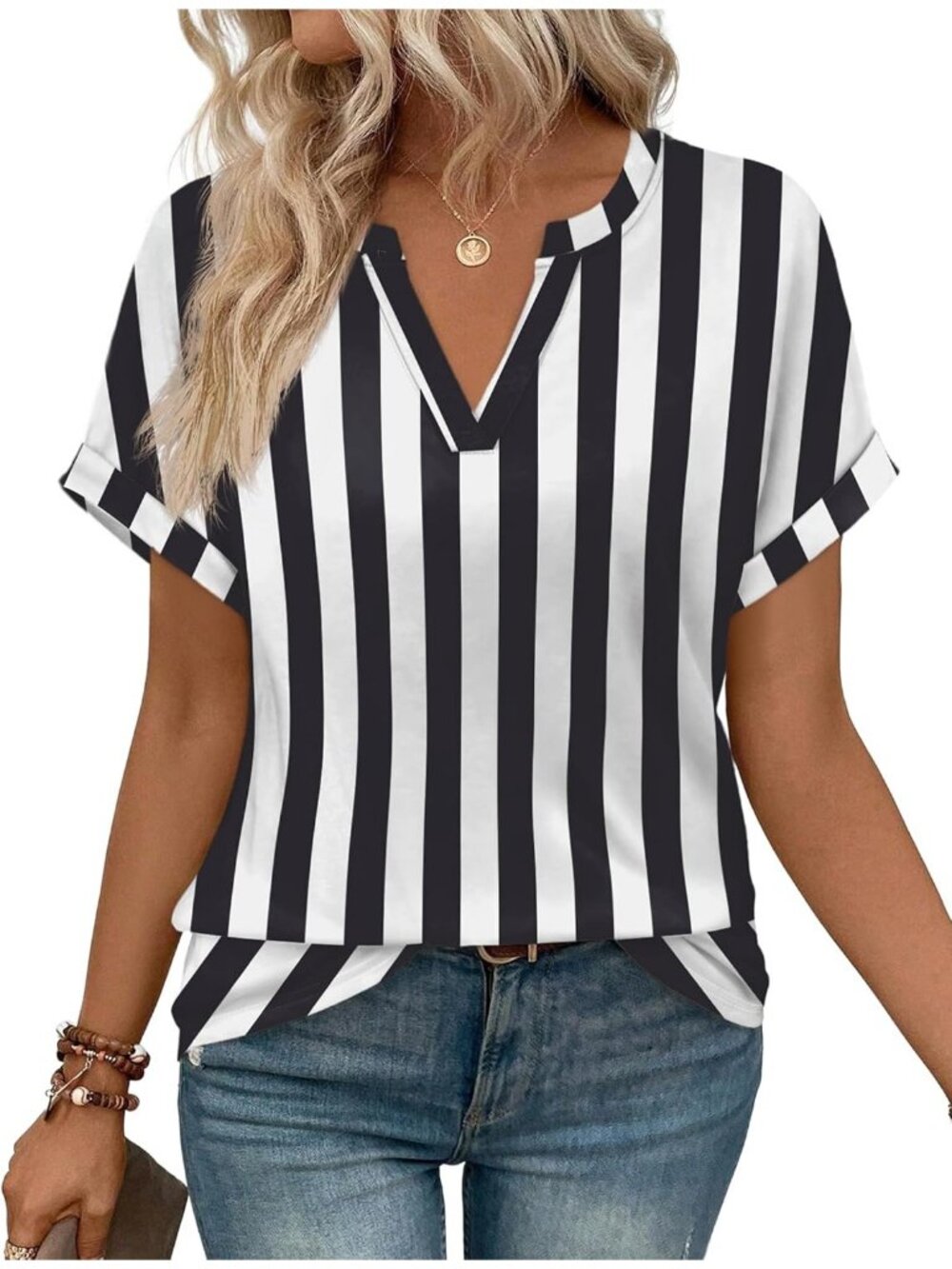 Women's T-Shirts Black White Stripe V Neck Short Sleeve Casual Dress Comfort